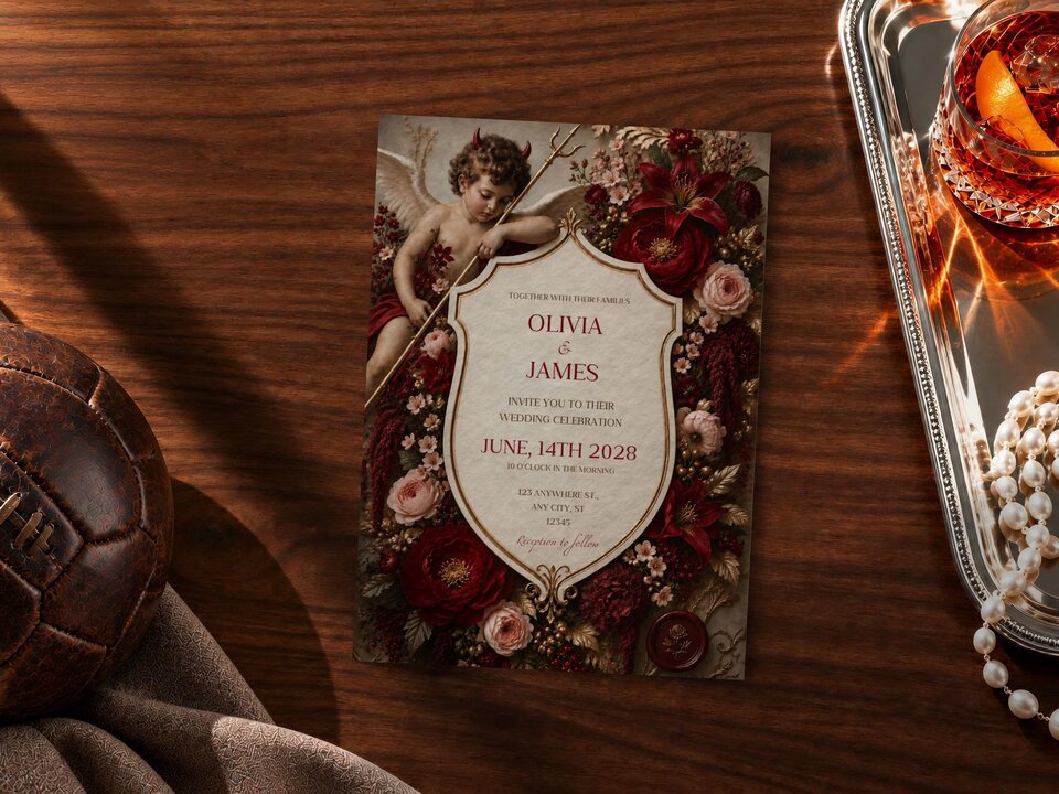 A dark floral wedding invitation card rests on a wooden table next to a brown leather vintage football and a tray of pearls.