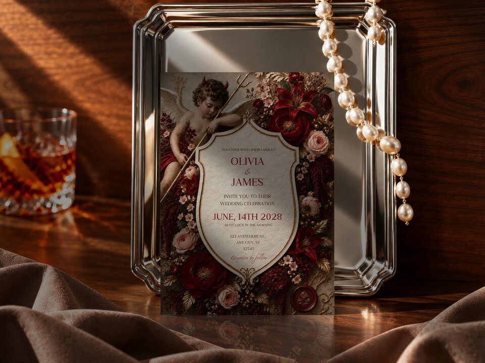 A wedding invitation template displayed in front of a silver tray draped with a pearl necklace on a dark wooden surface.