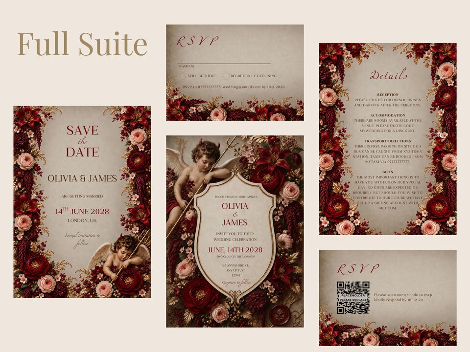 A collection of stationery items for a wedding suite featuring a dark red floral theme and cherub illustrations.