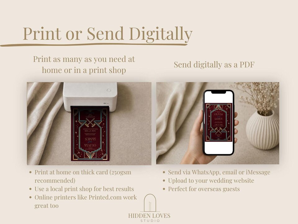 An infographic explains how to print or digitally send the wedding stationery design shown on a printer and phone.