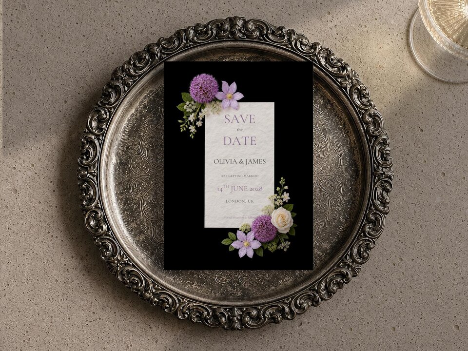 A black wedding save-the-date card with purple floral corners rests on an ornate silver tray.