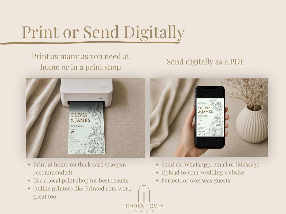 An instructional graphic showing a home printer printing a wedding invitation on the left and a hand holding a phone displaying the digital invite on the right.