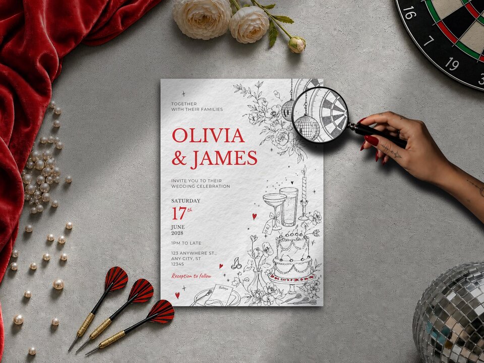 Flat lay of the Olivia and James wedding invitation surrounded by three red-feathered darts, white roses, a string of pearls, a disco ball, and a hand holding a magnifying glass over a sketched dartboard illustration.