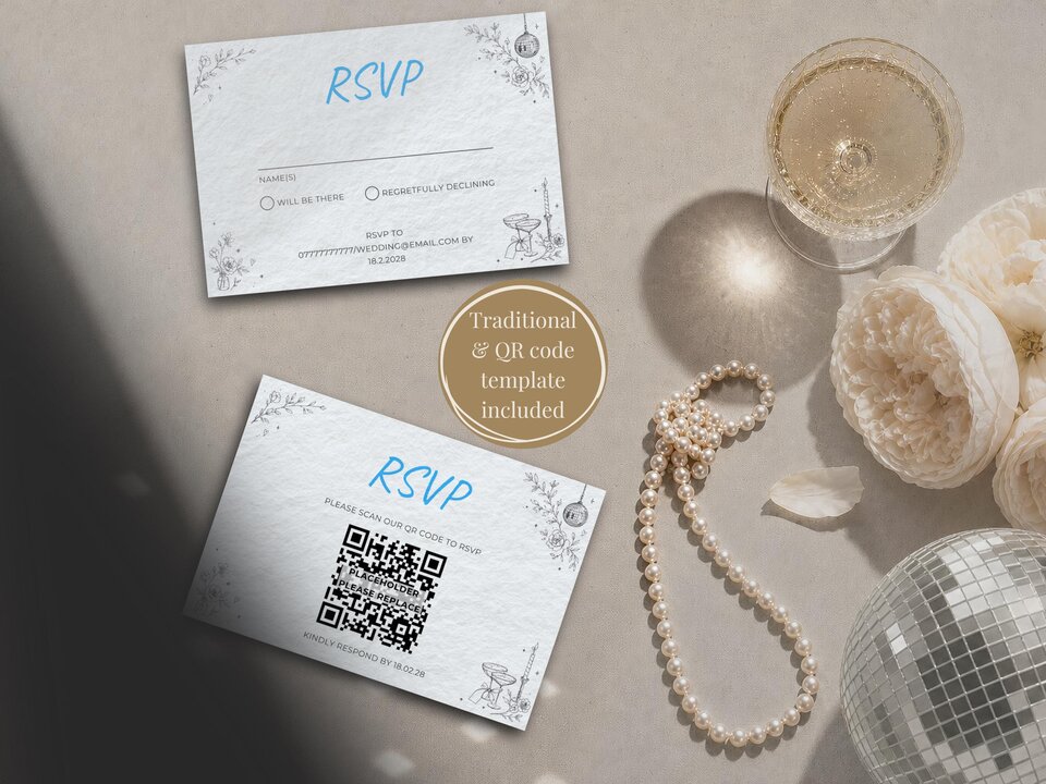 Two white RSVP cards with blue text and black line drawings are displayed on a flat surface alongside a strand of pearls, a glass of champagne, and a disco ball.