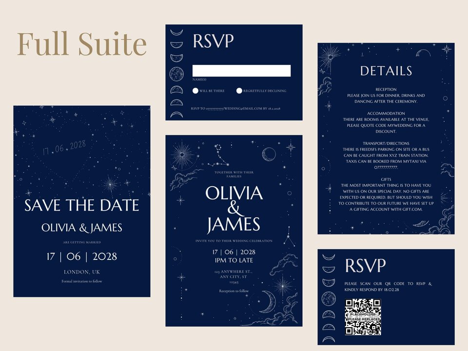An informational graphic displaying a full suite of dark blue wedding stationery including invitations and RSVP cards.