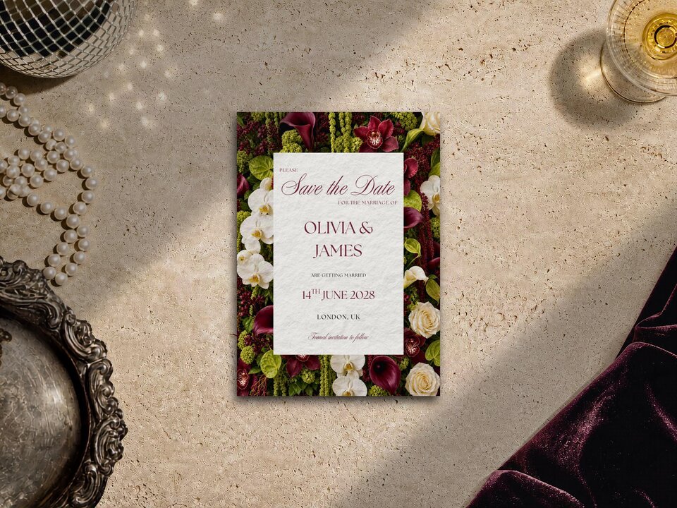 A floral save-the-date card sits flat on a textured surface next to a pearl necklace and silver tray.