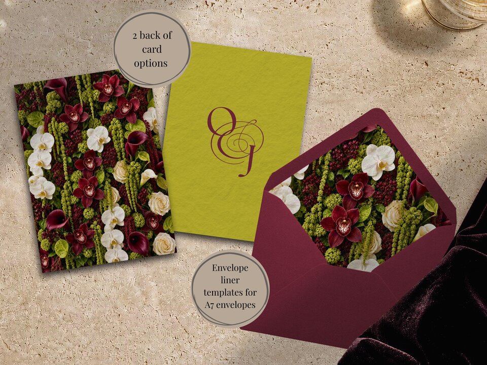 A card with a dense floral pattern, a solid olive green card with monogram, and an open burgundy envelope showing a floral liner.