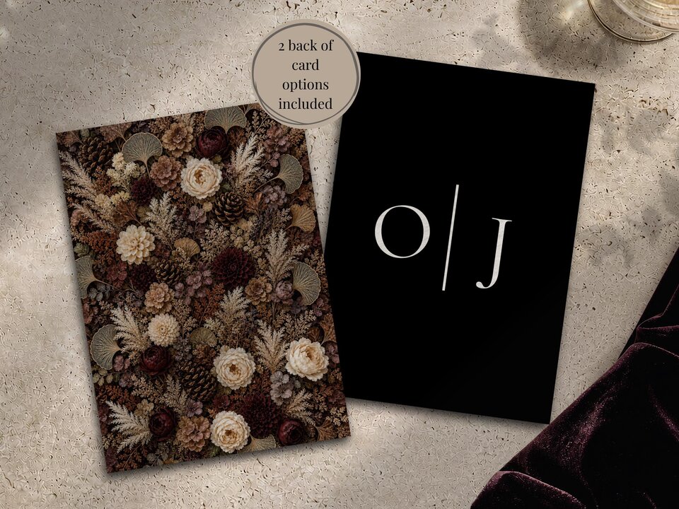Two wedding cards side by side, one featuring a dense floral pattern and the other a black background with large white monogram letters O and J.
