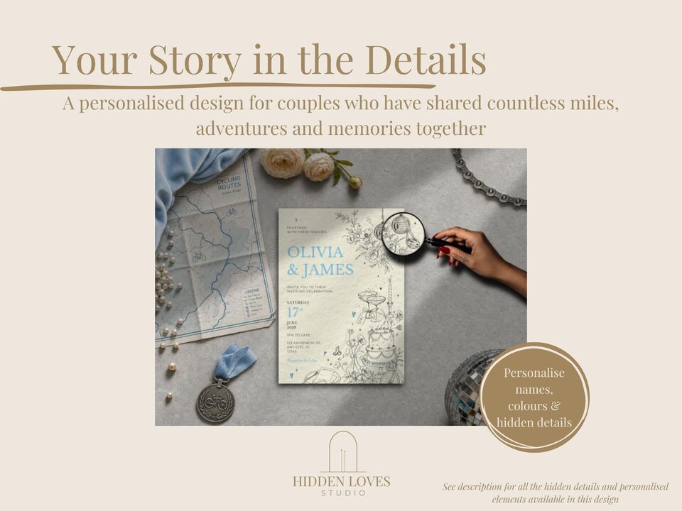A wedding invitation styled flat lay features text overlay and a hand holding a magnifying glass over the illustrated card.