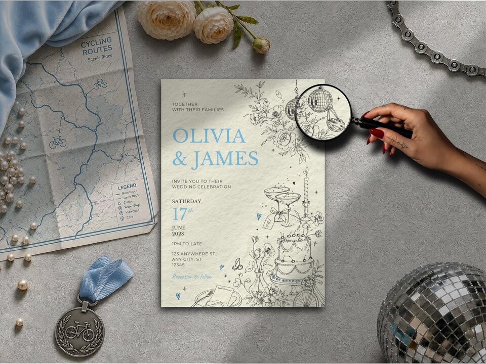 A flat lay shows a wedding invitation for Olivia and James next to a map, medal, white roses, and a hand with a magnifying glass.