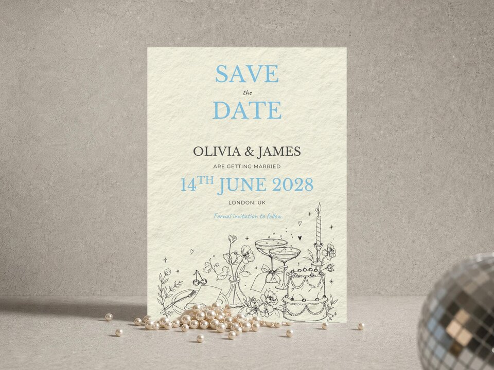A Save the Date card featuring blue text and line art sits on a surface with scattered pearls and a disco ball.