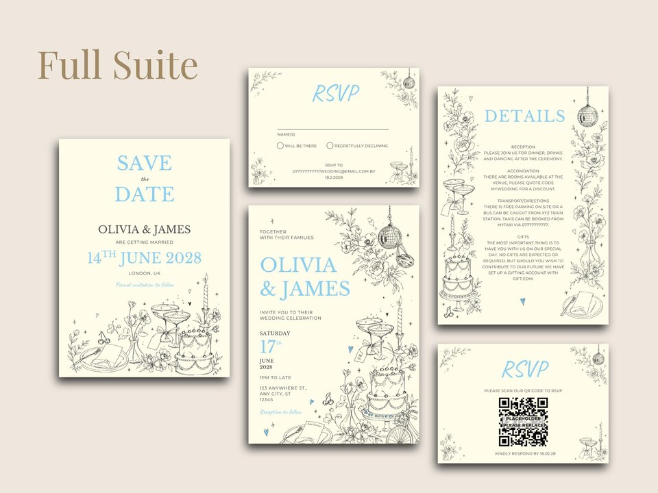 A complete wedding stationery suite on a beige background featuring save the date, invitation, details, and RSVP cards with blue text and line drawings.