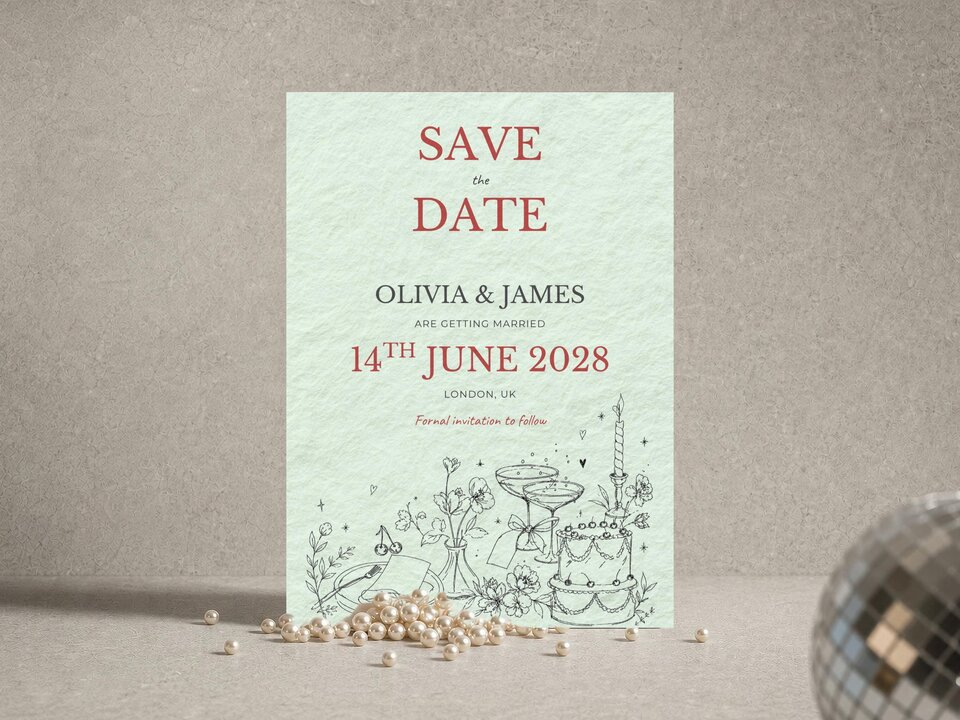 A Save the Date card in pale green features red text reading Save the Date for Olivia and James on 14th June 2028.