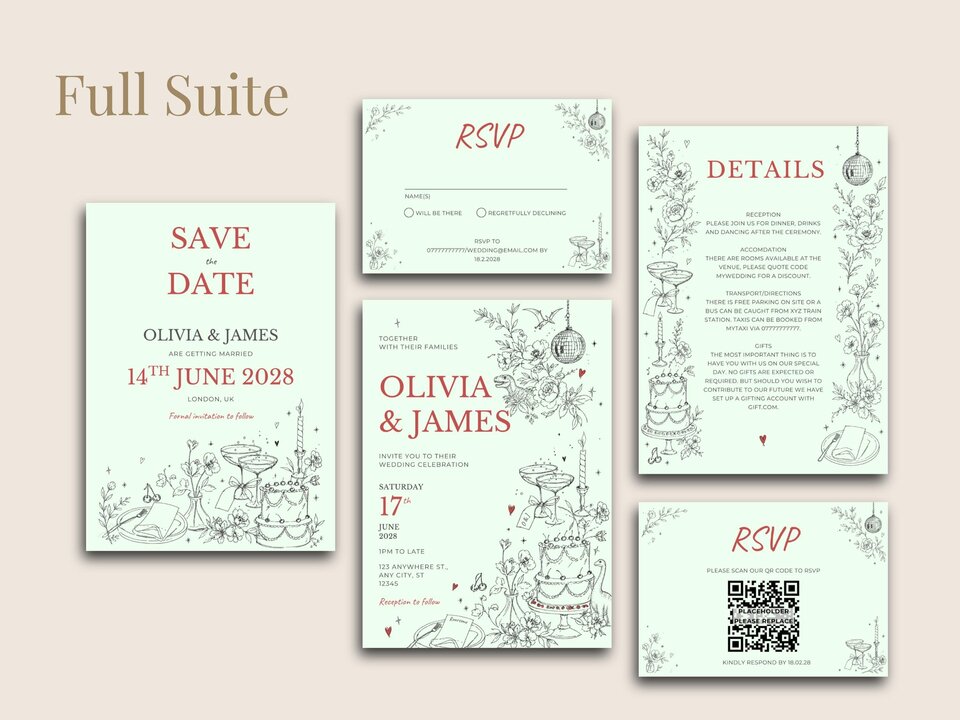 Display of the full wedding invitation suite featuring light green cards with red text and intricate line art illustrations.