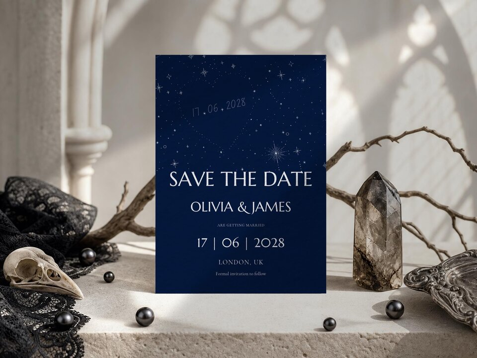 A dark blue save-the-date card stands upright on a light surface alongside a crystal point, an animal skull, black lace, and dark branches.