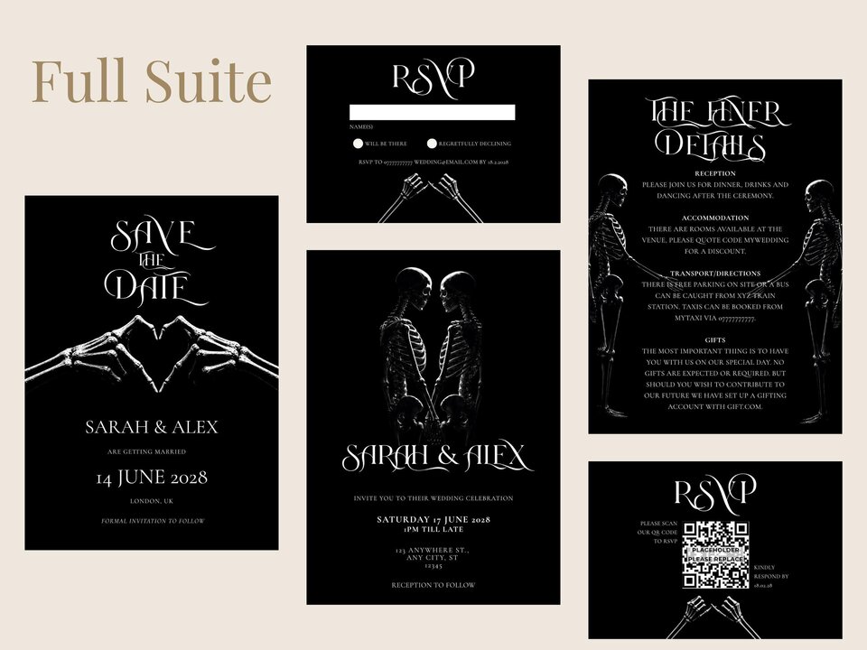 Full suite of black wedding stationery featuring skeleton illustrations and gothic typography.