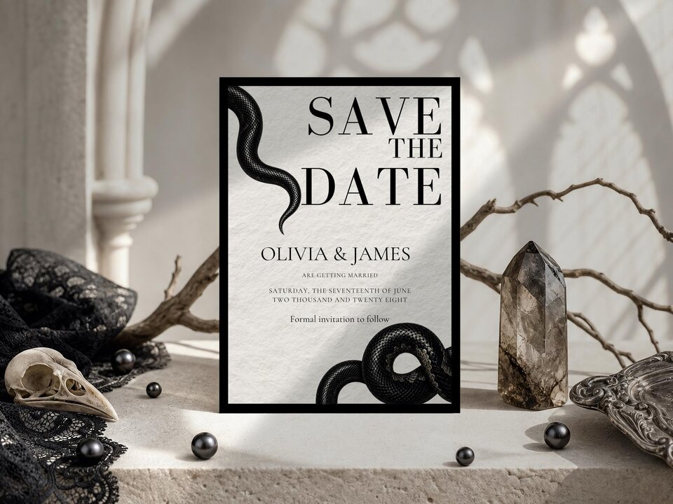 A save the date card featuring a snake illustration and the text Save the Date for Olivia and James, set among a skull, crystals, and black pearls.