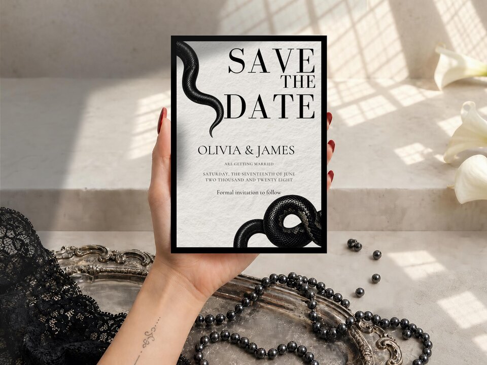 A hand holds the save the date card over a silver tray, lace fabric, and a strand of black pearls.