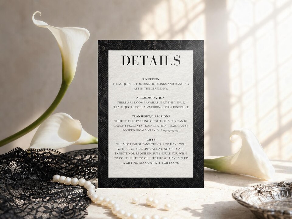 A wedding details card stands upright surrounded by white call lilies, pearls, and black lace.