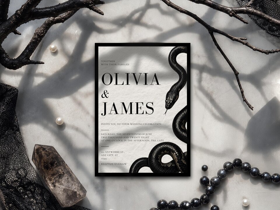 The snake wedding invitation laid flat on a marble surface with dark branches, crystals, and a black beaded necklace.