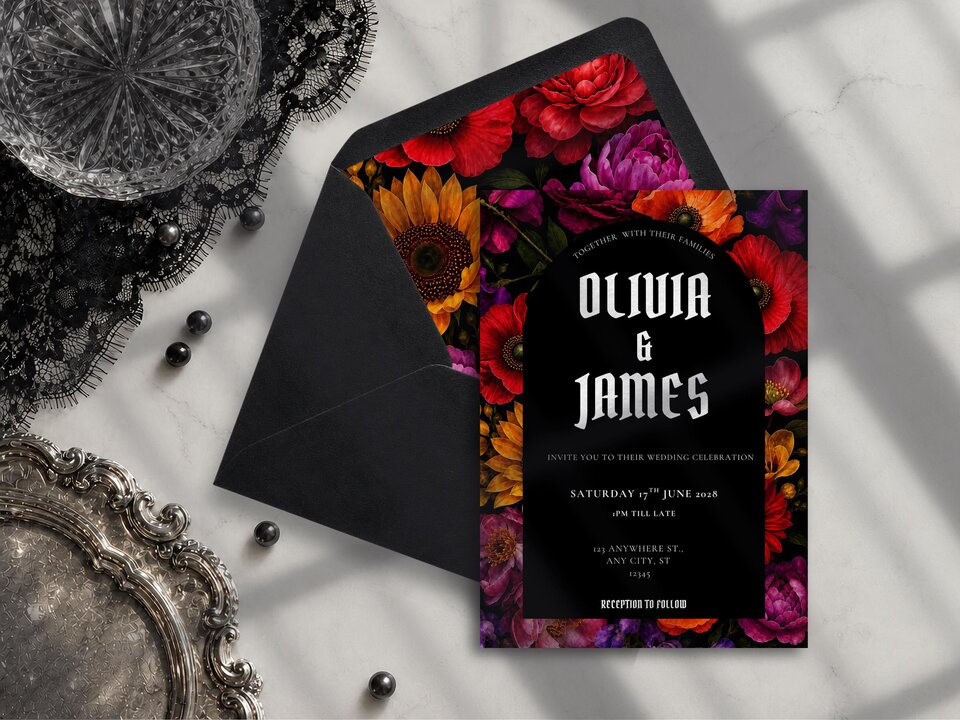 A gothic wedding invitation with jewel-tone floral borders sits on a black envelope next to lace and a silver tray.