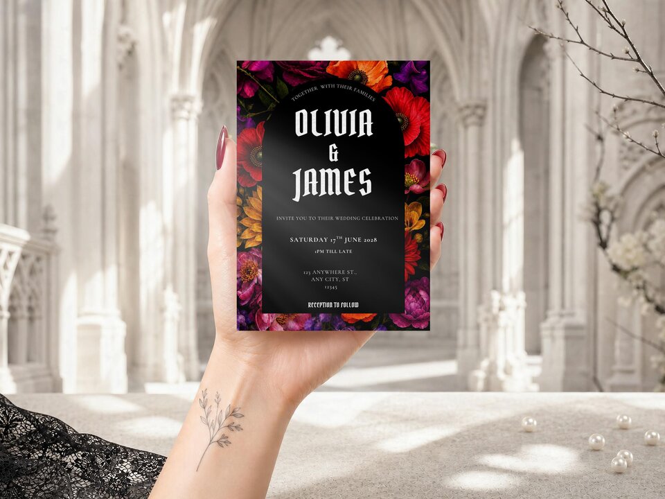 A hand holds up a gothic floral wedding invitation against a blurred architectural background.