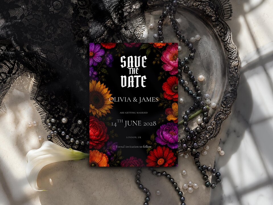 A gothic save the date card with colorful flowers is arranged on a surface with black lace, pearls, and a white calla lily.