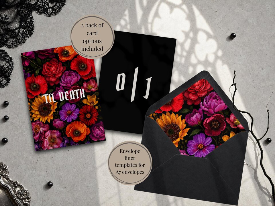 Stationery items including a floral wedding card, a black card with white lettering, and a black envelope with a floral liner.