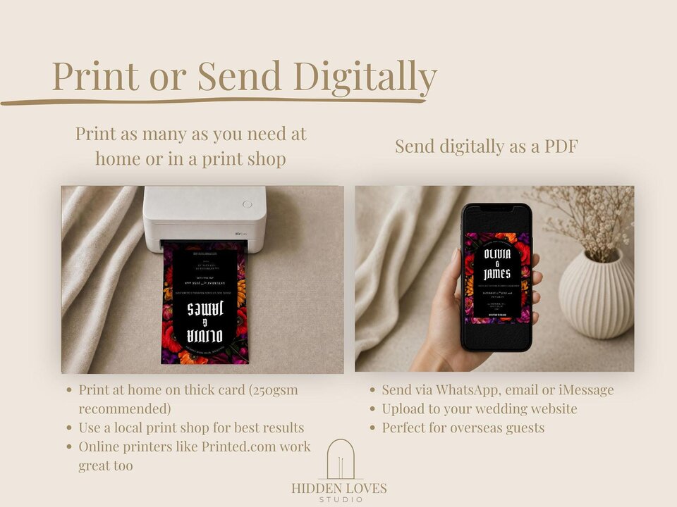 An image illustrating print and digital options, showing a small home printer printing a card and a hand holding a phone displaying the invitation.