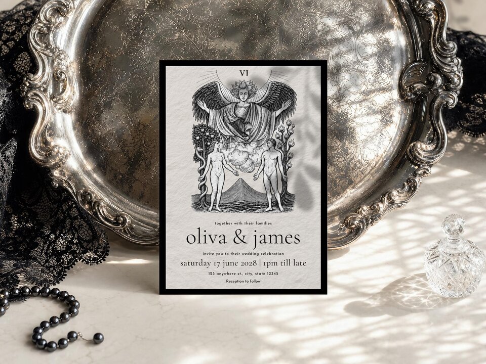 The Lovers tarot wedding invitation card displayed on top of an ornate vintage silver tray and black lace.