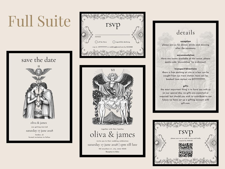 An arrangement of the full wedding stationery suite including save the date, invitation, details, and RSVP cards.