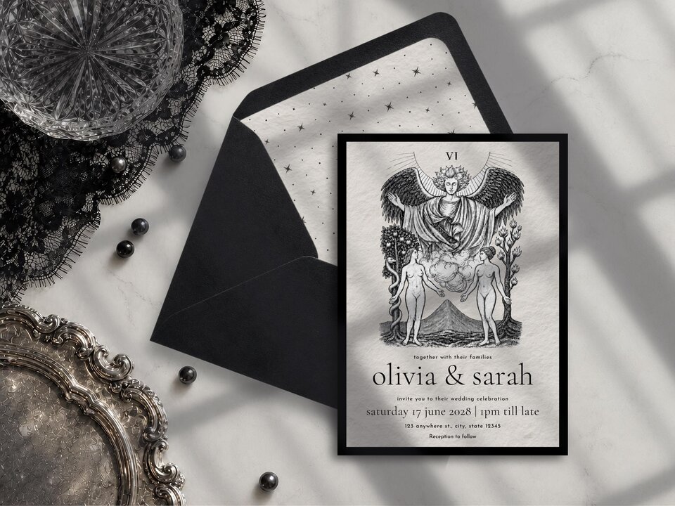 A tarot-style wedding invitation and its matching black envelope featuring a star-patterned liner, surrounded by gothic props on a white table.