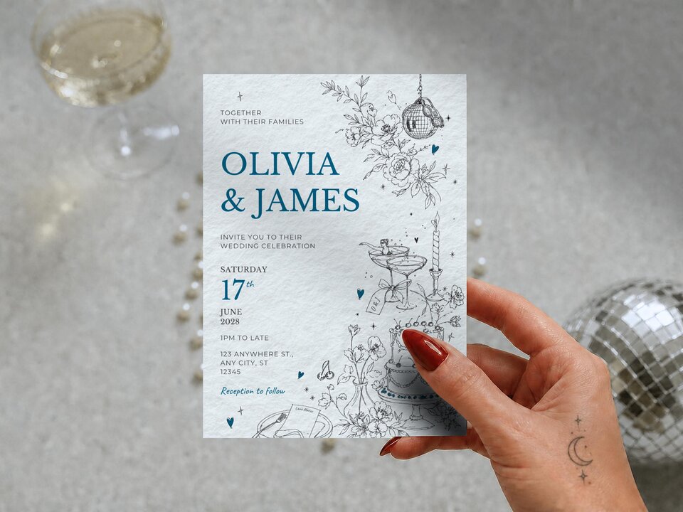 A hand holds a textured blue and white wedding invitation next to a glass of champagne and a miniature disco ball.