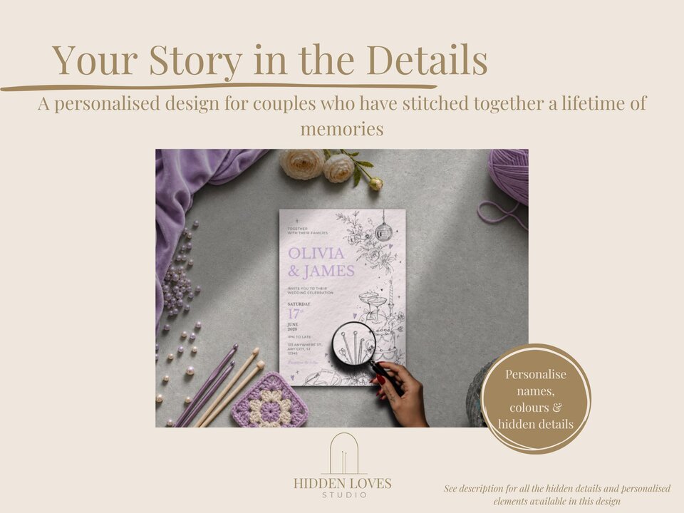 A banner image titled Your Story in the Details displays a wedding invitation centered among purple yarn, knitting needles, and pearls, with text explaining customisation options.