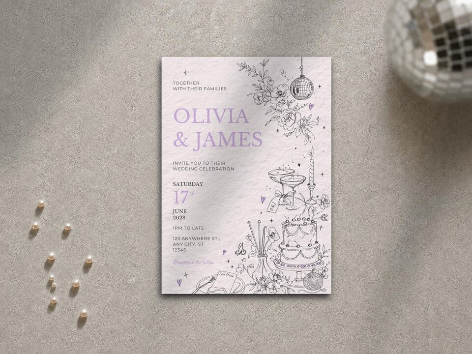 A single vertical wedding invitation card on a textured grey background with scattered pearls and a disco ball in the corner.
