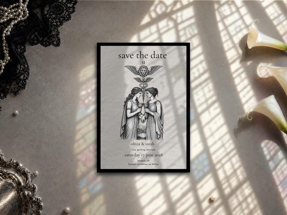 A Save the Date tarot card design lies flat on a textured surface, illuminated by geometric light shadows, with white lilies and black lace nearby.