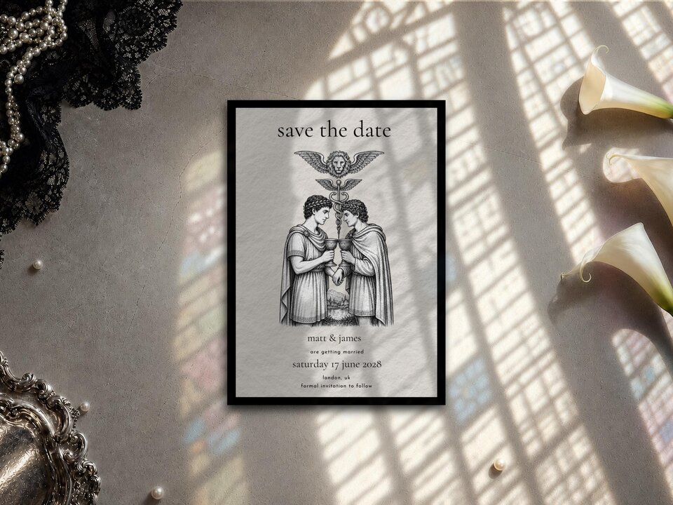 The save-the-date card lies flat on a surface patterned with shadows from a window blind.