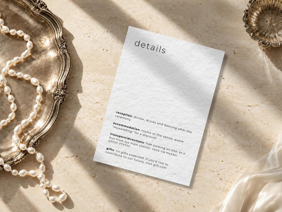 A wedding details card featuring modern typography is laid on a textured surface next to a string of pearls and a silver tray.