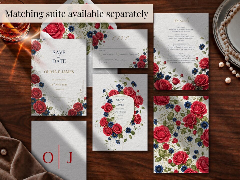 An arrangement of matching wedding stationery suite items including invitations, RSVP cards, and details cards decorated with red and blue floral graphics.