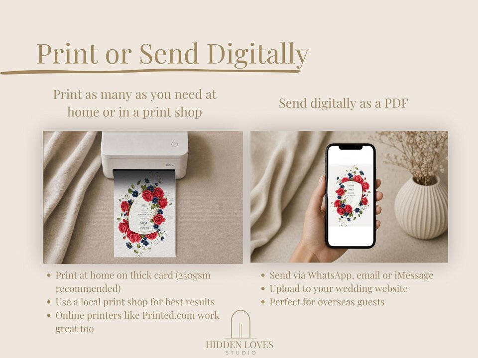 An instructional graphic on a beige background showing a small printer outputting a wedding invitation on the left and a hand holding a smartphone displaying the same invitation on the right, with bulleted text underneath each image explaining how