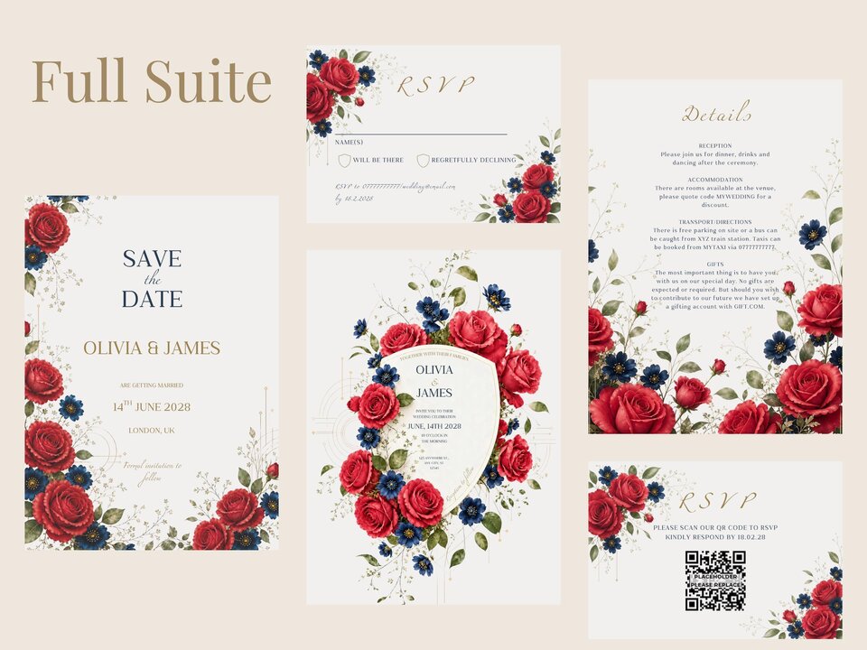 An array of wedding stationery pieces arranged neatly on a cream background, including a save the date, RSVP card, details card, and floral invitation.