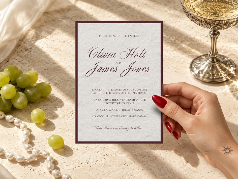 Old money wedding invitation with European heritage typography, refined serif lettering, quiet luxury styling and a timeless country house aesthetic.