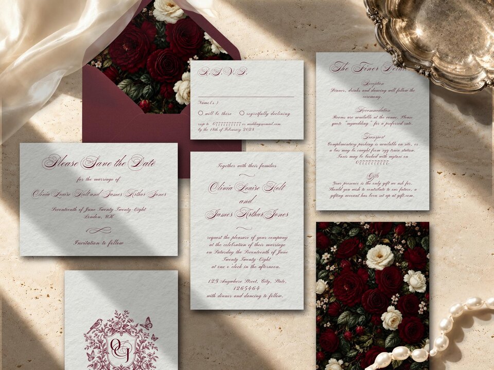 Calligraphy wedding invitation suite with traditional formal typography, elegant copperplate script, regency-inspired details and timeless vintage styling