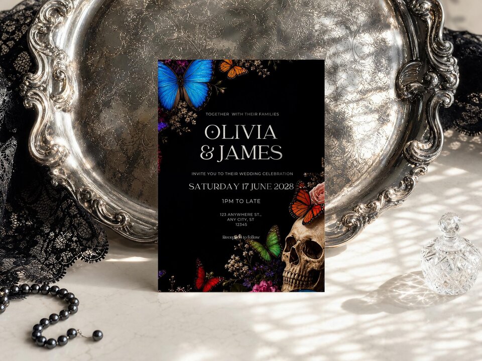 The wedding invitation card placed inside an ornate silver tray on a light-colored surface with black lace and pearl strands.