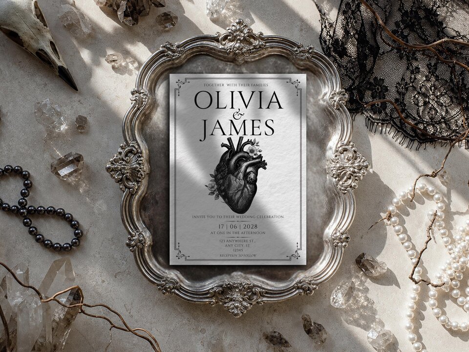 A wedding invitation inside an ornate antique silver frame, set among crystals, pearls, and black lace.
