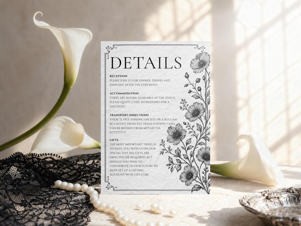 A details card with floral illustrations rests on a surface alongside white calla lilies and black lace.