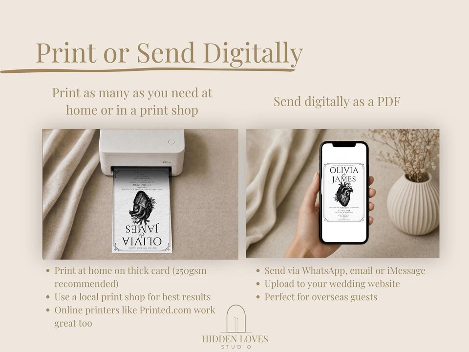 A printer printing a wedding card and a hand holding a phone showing the digital wedding invitation.
