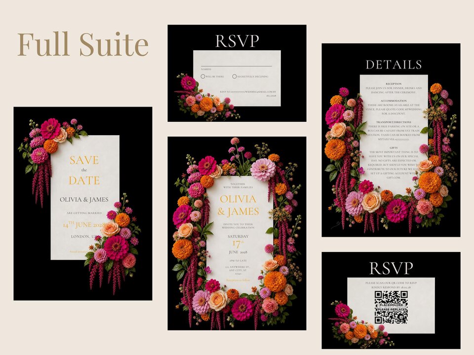 Full suite of wedding invitation templates with black backgrounds and bright floral borders.