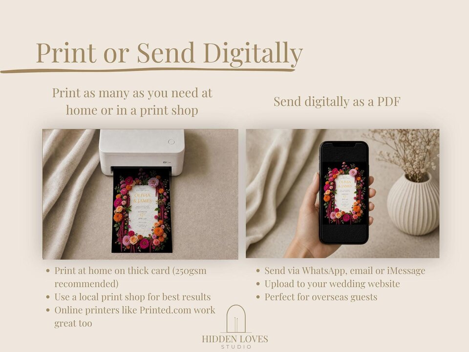 Instructions showing how to print cards at home or send them digitally as a PDF.