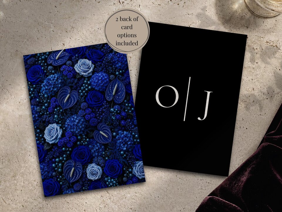 Two wedding card options display a full-bleed cobalt blue floral pattern on the left and a black card with white letters O and J on the right.
